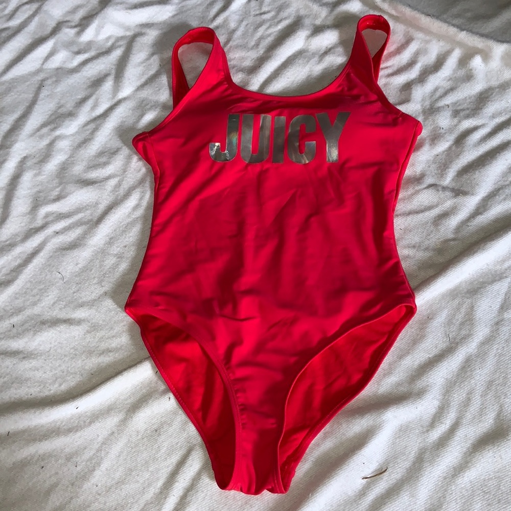 Juicy red one piece bathing suit tank style high cut scoop neck w hologram logo